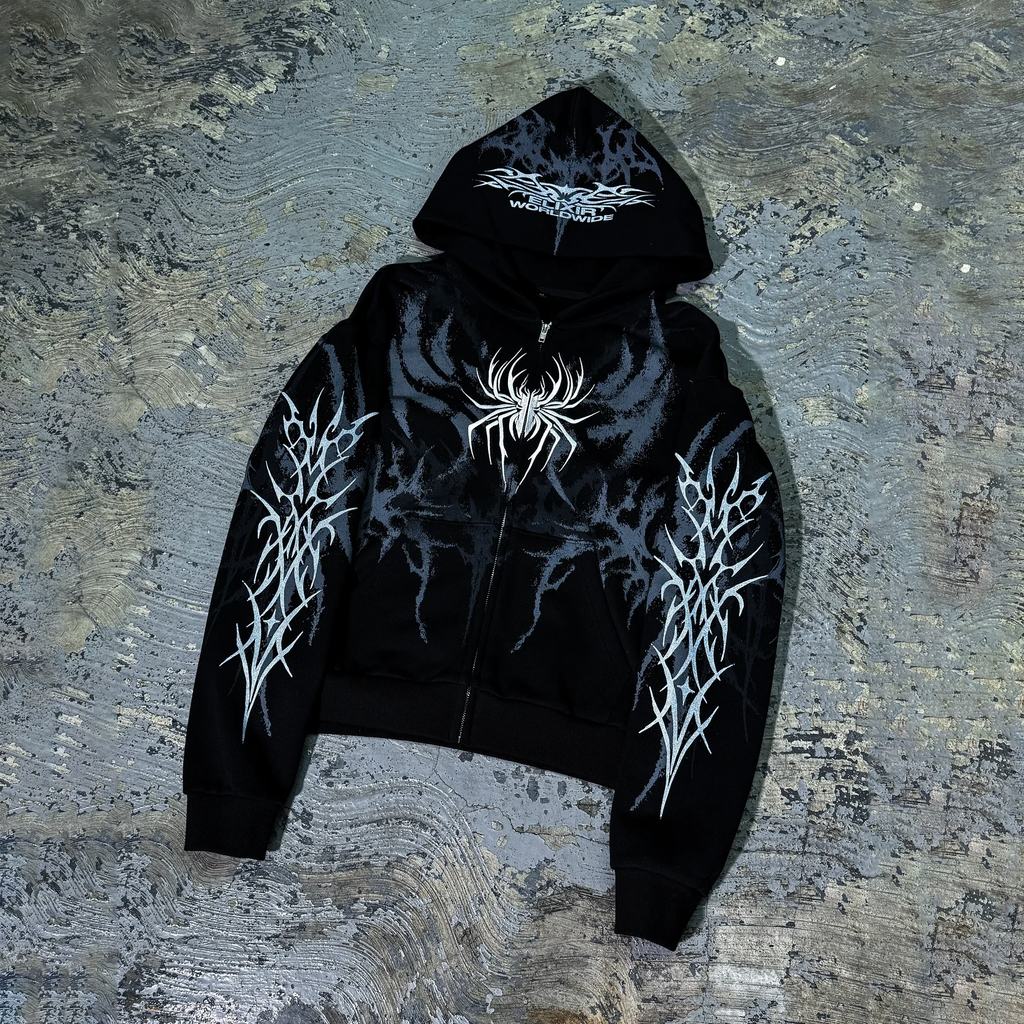 Y2K Cyber Opium Spider Graphic Black Zip-Up Hoodie