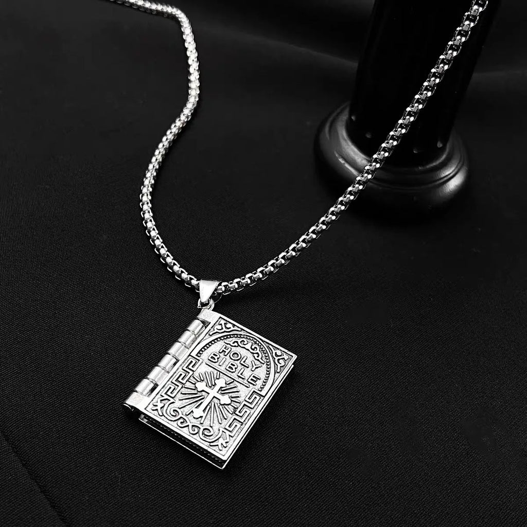 Gothic Style Religious Bible Necklace Alloy Steel Vintage Flipped Bible
