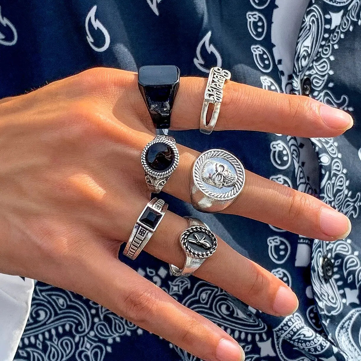 Set 6 Pieces Goth Vintage Skeleton Skull Antique Silver Color Rings