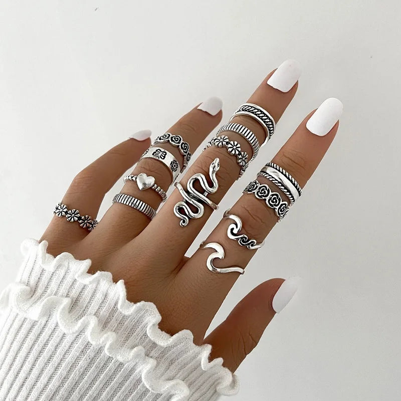 Punk Poker Joker Silver Color Rings for Men & Women Goth Skeleton Billiards Set