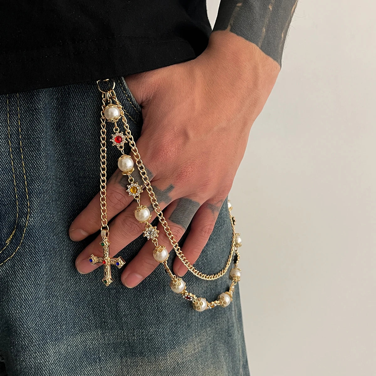 Salircon New Exquisite Luxury Cross Pendant Imitation Pearl Keychain Belt Chain