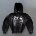 Vintage Washed Black Y2K Cyber Graphic Zip-Up Hoodie