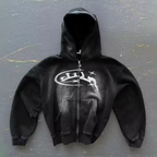 Vintage Washed Black Y2K Cyber Graphic Zip-Up Hoodie