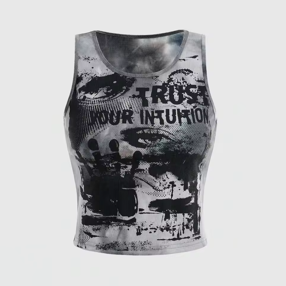 Grunge Punk Tie Dye Eye Letter Graphic Tank Top Women Y2K Crop Top Vest Streetwear