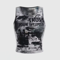 Grunge Punk Tie Dye Eye Letter Graphic Tank Top Women Y2K Crop Top Vest Streetwear