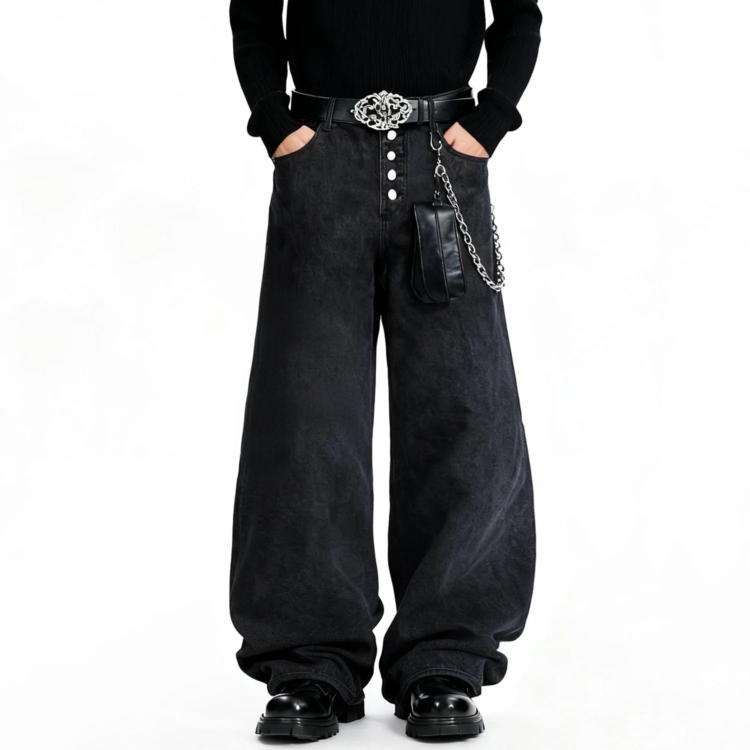 American Retro Street Men's Baggy Wide Leg Jeans Angel Wings Embroidery Loose Denim Pants