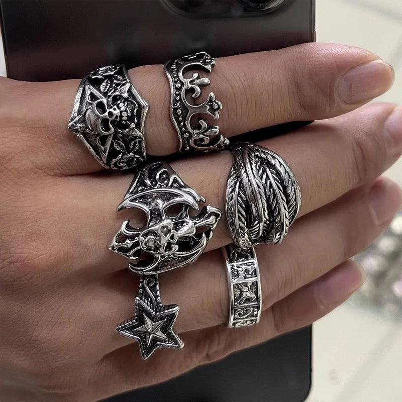 Set 6 Pieces Halloween Gothic Metal Skull Head Five Point Star Adjustable Ring