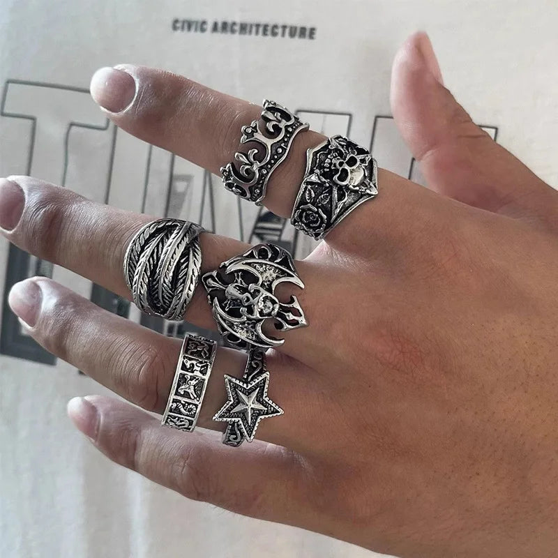 Set 6 Pieces Halloween Gothic Metal Skull Head Five Point Star Adjustable Ring