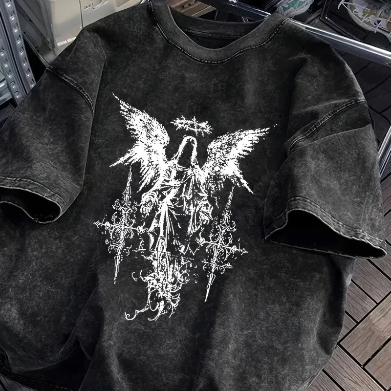 Gothic Opium Fallen Angel Washed Black Oversized Tee