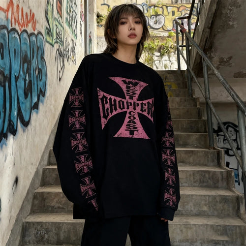 American Style Streetwear Quality Waffle Fabric Printed Tops Oversized Long Sleeves
