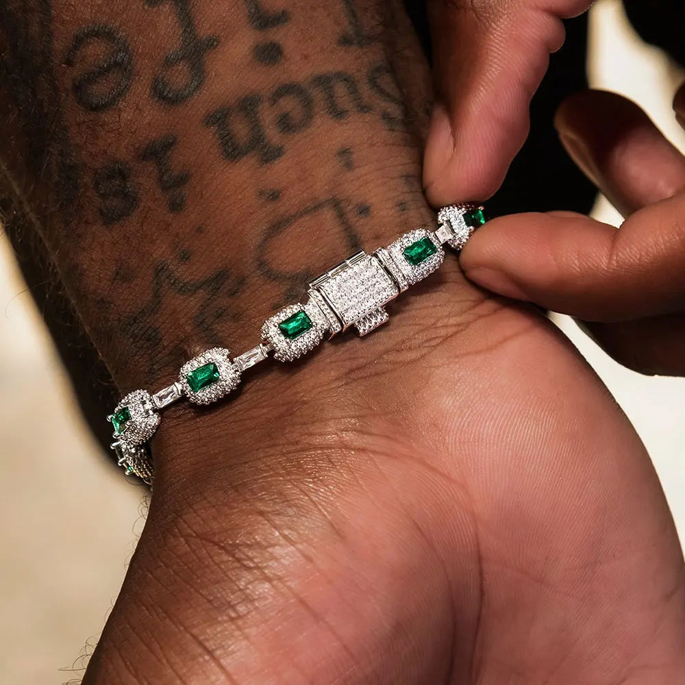 Iced Emerald Cushion Cut Diamond Bracelet White Gold Inlaid Green
