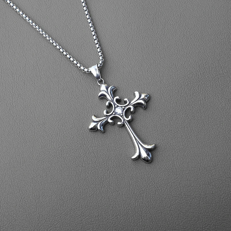 Gothic Vintage Silver Color Cross Pendant Hip-hop Trend  Necklace