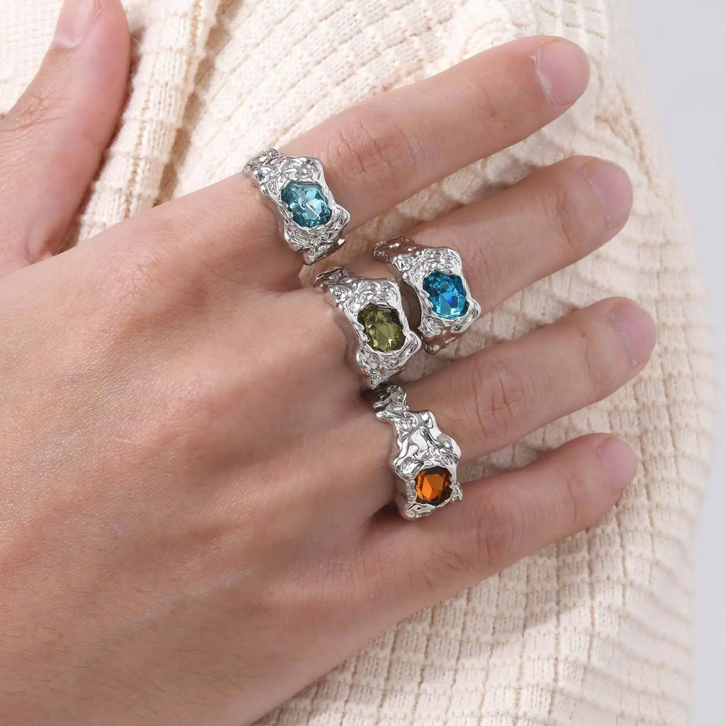 Set 4 Pieces Lava Rings Stacking Colorful Zircon Thick Ring Punk