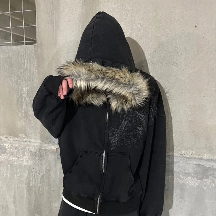 Y2K Aesthetic Harajuku Faux Fur Collar Hoodies Punk Gothic Zip Up Hoodies