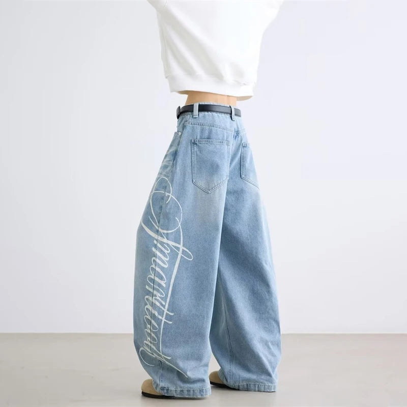 Letter Printed Straight-Leg Baggy Jeans Hip Hop American Retro Y2K Streetwear Jean