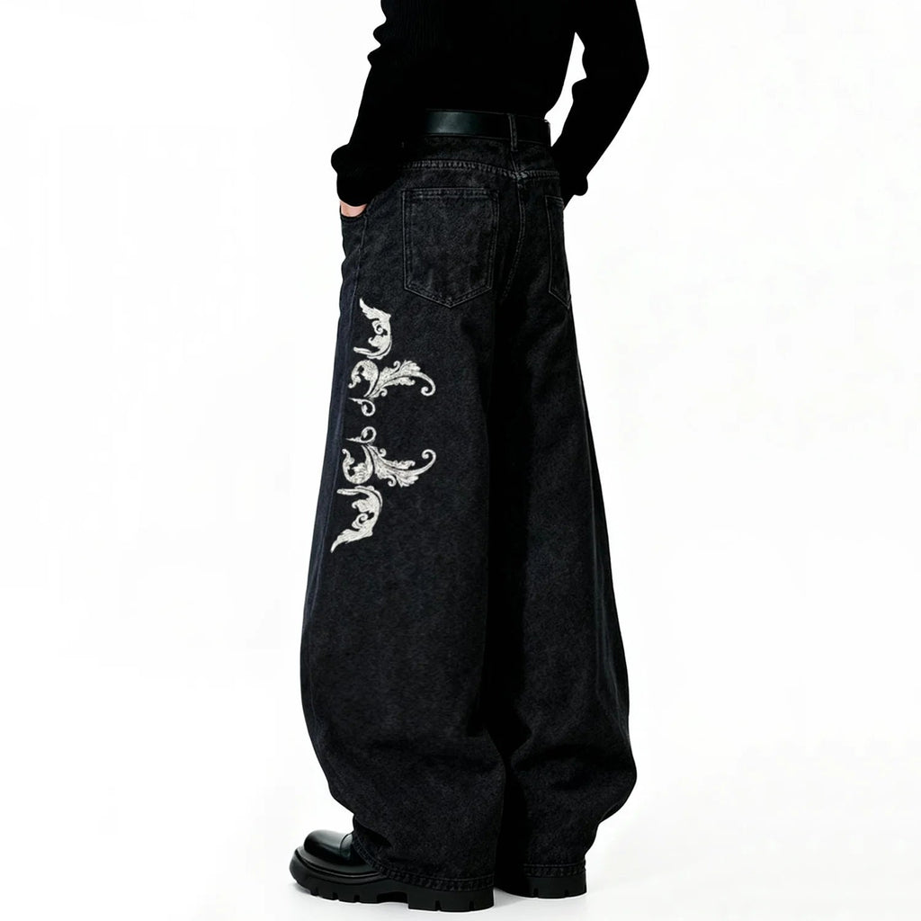 American Retro Street Baggy Wide Leg Jeans Angel Wings Embroidery Denim Pants