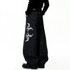 American Retro Street Baggy Wide Leg Jeans Angel Wings Embroidery Denim Pants
