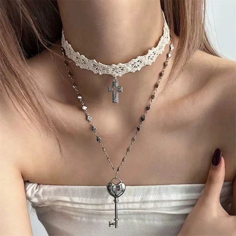 Gothic Punk Style Y2k Bead Cross Pendant Necklace Multi-layer Retro Trendy Accessory Jewelry