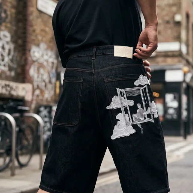 Aesthetic Window & Clouds Embroidered Black Denim Shorts
