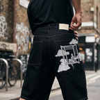 Aesthetic Window & Clouds Embroidered Black Denim Shorts