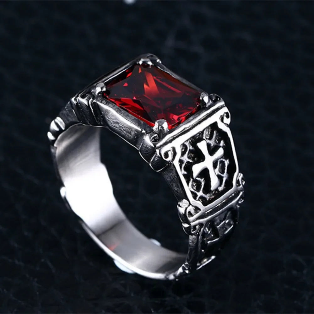 Creative Trend Delicate Compact Red Gemstone Cross Pattern Ring Retro