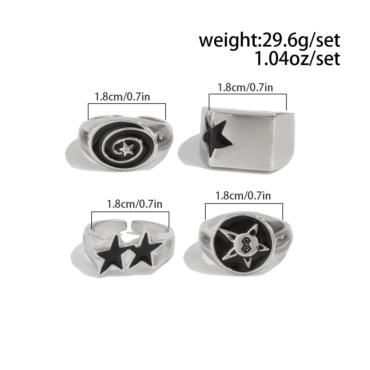Set 4 Pieces Hip-hop Punk Geometric Oval Rectangular Five-pointed Star Opening Rings