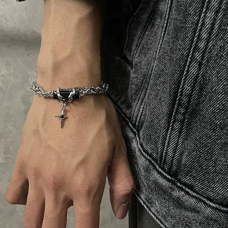 Retro Black Zircon Star Chain Stainless Steel Punk Bracelets Accessories