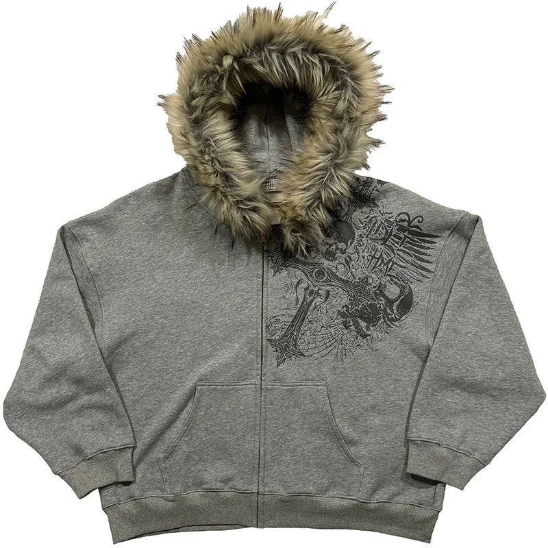 Y2K Aesthetic Harajuku Faux Fur Collar Hoodies Punk Gothic Zip Up Hoodies