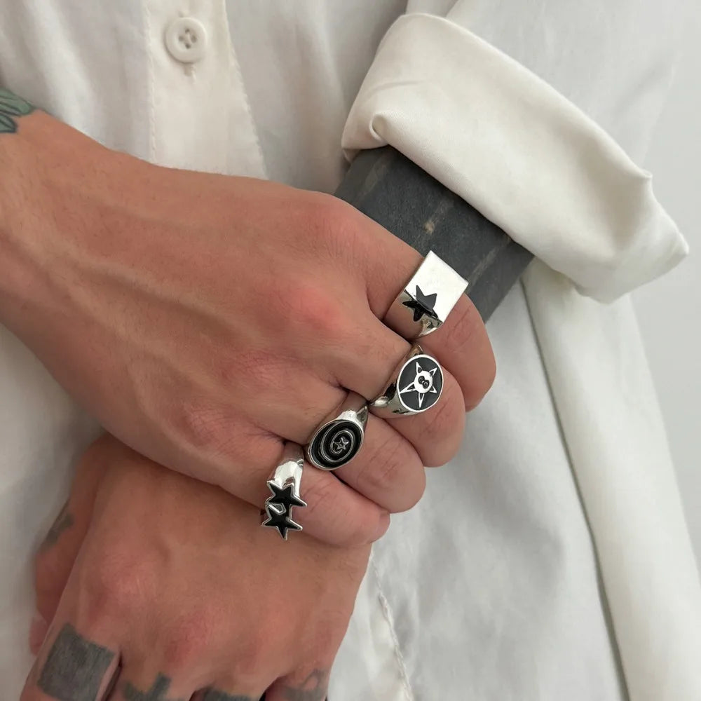 Set 4 Pieces Hip-hop Punk Geometric Oval Rectangular Five-pointed Star Opening Rings