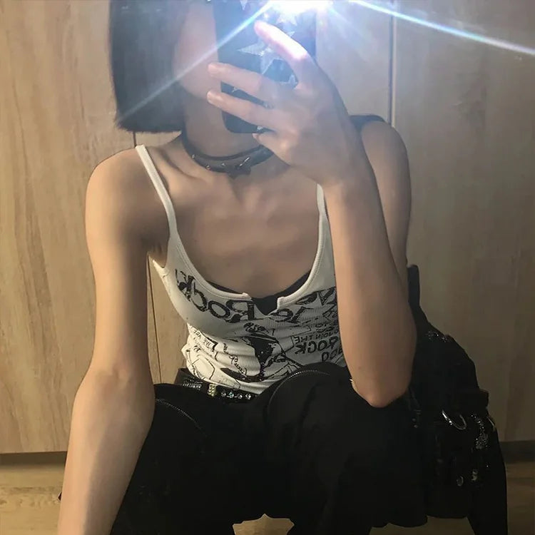 Y2K E-Girl Punk Print Sleeveless Ribbed Knit Tank Top