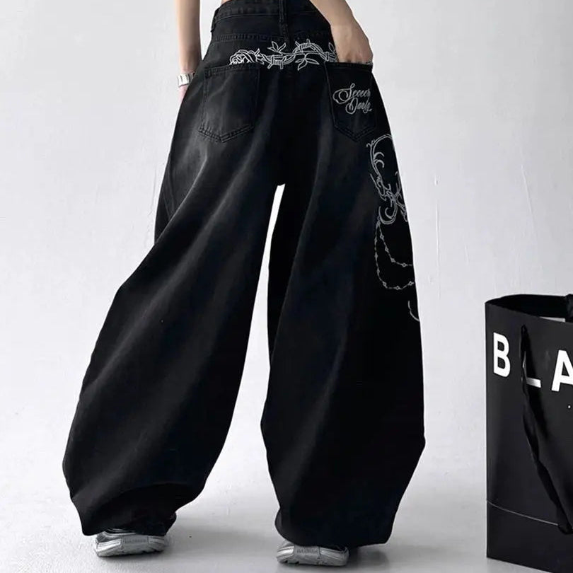 High Street Women Vintage Embroidery Y2K Baggy Jeans American Retro