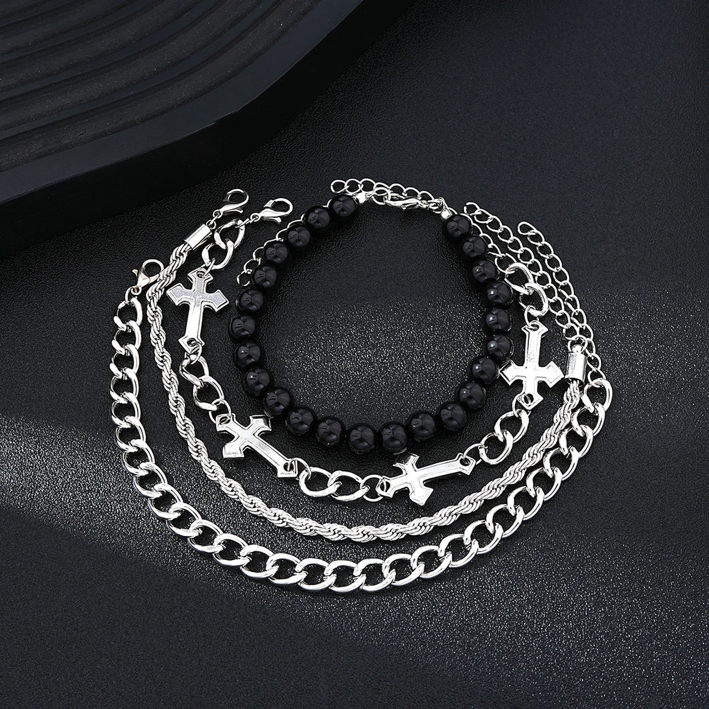 4 Pieces Stainless Steel Bracelet Set Punk Cross Beads Chain Bracelets