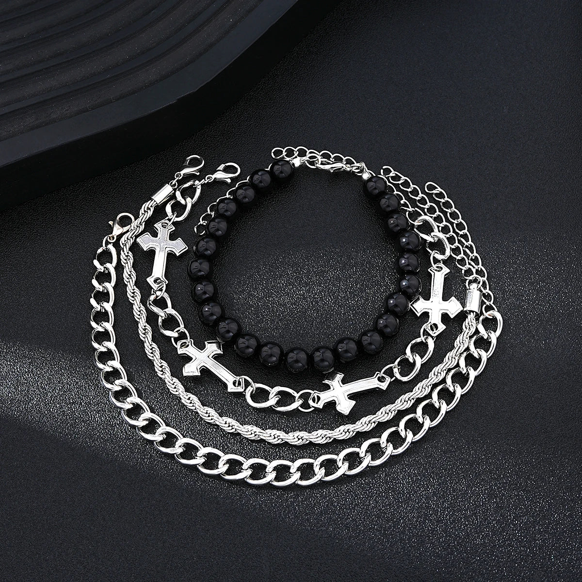 4 Pieces Stainless Steel Bracelet Set Punk Cross Beads Chain Bracelets