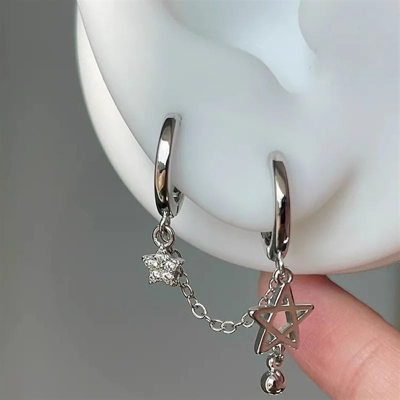 Gothic Star Chain Double Piercing Hoop Earrings Stainless Steel Y2K