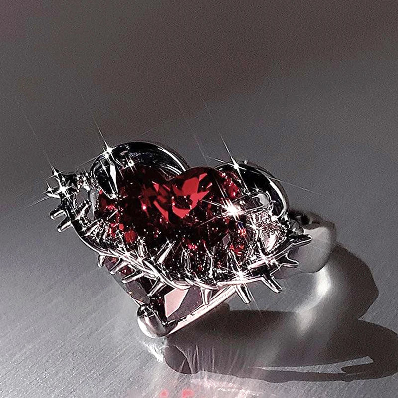 Goth Red Crystal Heart Irregular Ring Punk Adjustable Thorn Love Dark Finger Rings