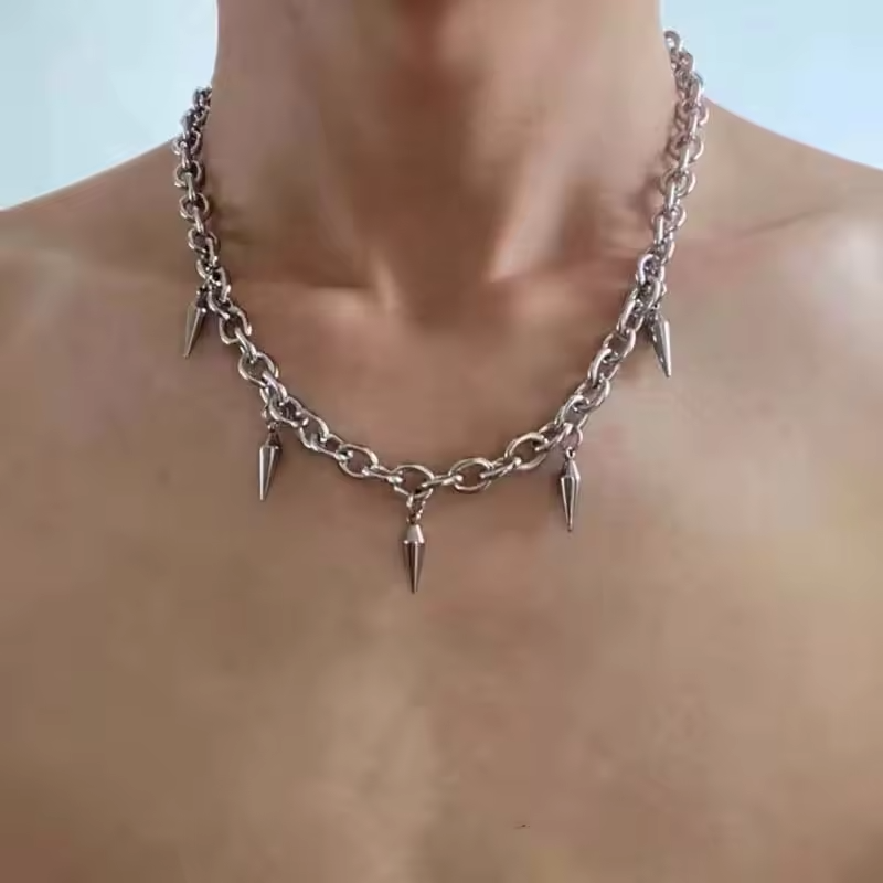 Grunge Punk Spiked Chain Link Choker Necklace Jewelry