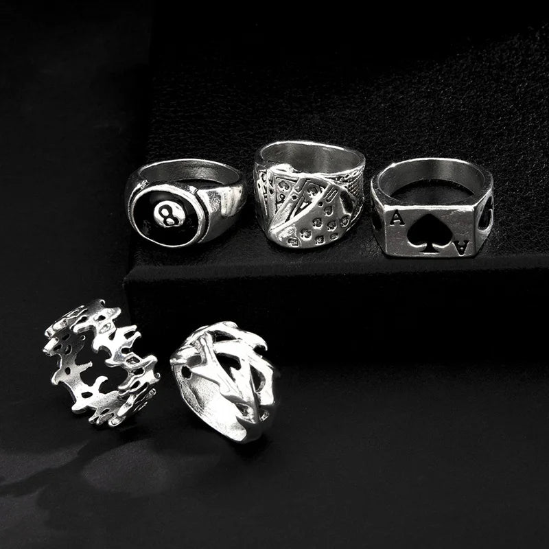 Punk Poker Joker Silver Color Rings for Men & Women Goth Skeleton Billiards Set