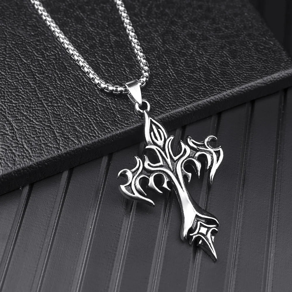Vintage Flame Cross Pendant Necklace