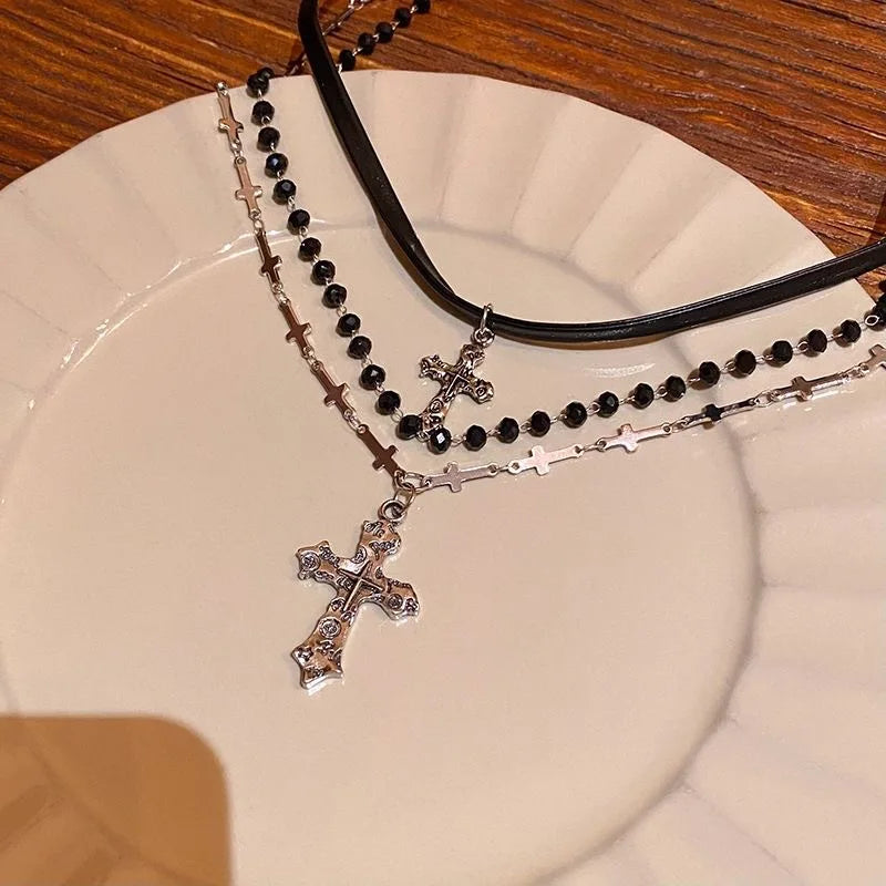 Gothic Punk Style Y2k Bead Cross Pendant Necklace Multi-layer Retro Trendy Accessory Jewelry