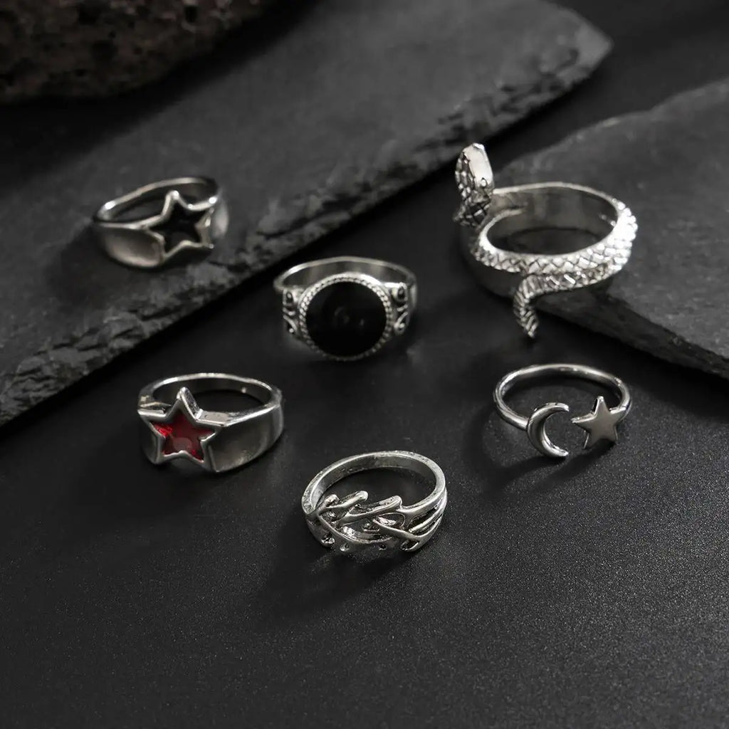Set 6 Pieces Creative Irregular Snake Stars Open Rings