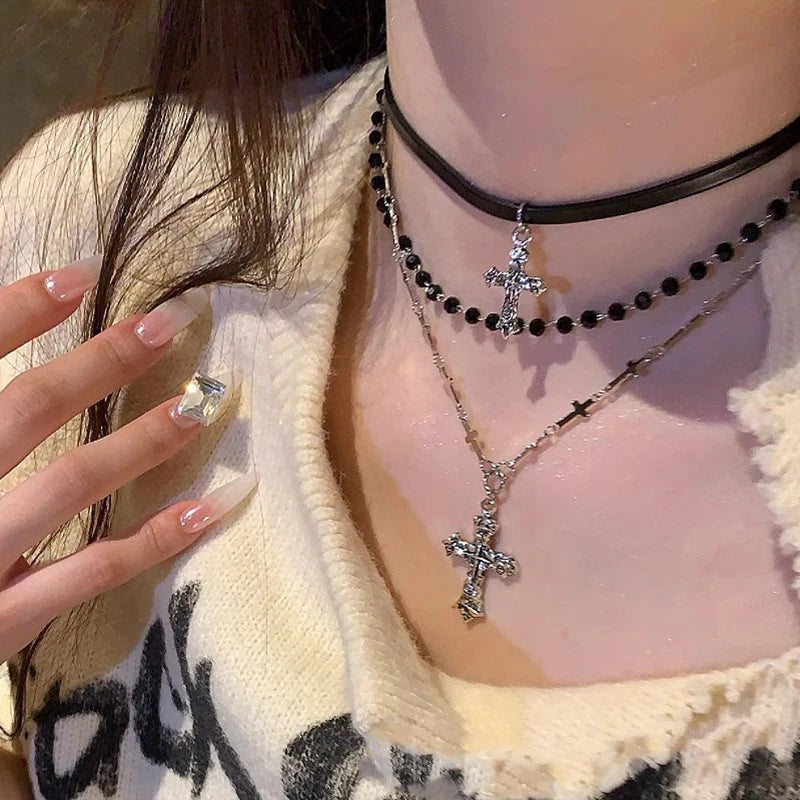 Gothic Punk Style Y2k Bead Cross Pendant Necklace Multi-layer Retro Trendy Accessory Jewelry