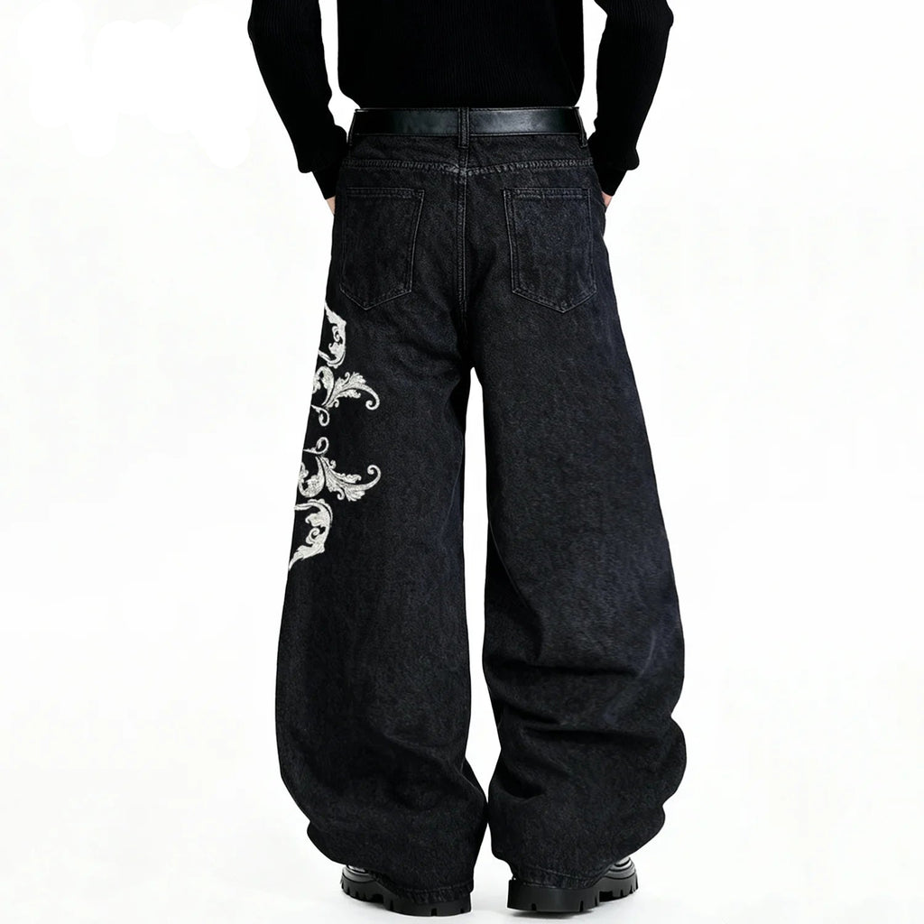 American Retro Street Baggy Wide Leg Jeans Angel Wings Embroidery Denim Pants