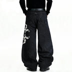American Retro Street Baggy Wide Leg Jeans Angel Wings Embroidery Denim Pants