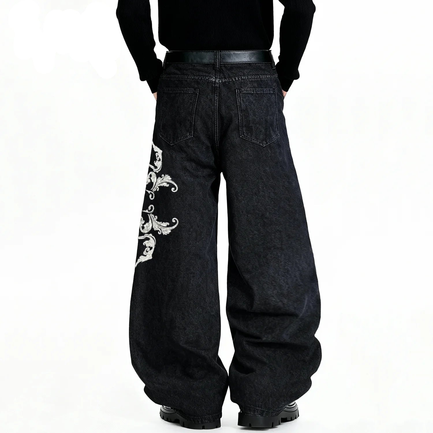 American Retro Street Men's Baggy Wide Leg Jeans Angel Wings Embroidery Loose Denim Pants