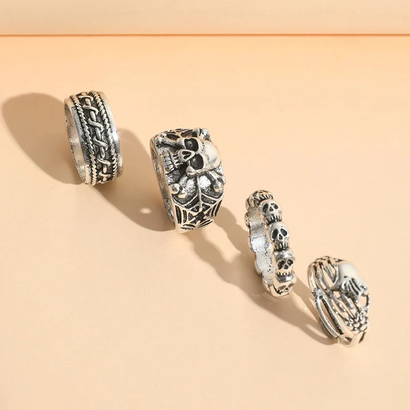 Four Piece Of Gothic Dark Vintage Skull Finger Rings