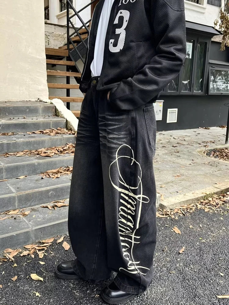 Letter Printed Straight-Leg Baggy Jeans Hip Hop American Retro Y2K Streetwear Jean