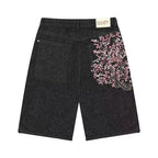 Harajuku Y2K Cherry Blossom Embroidered Black Denim Shorts
