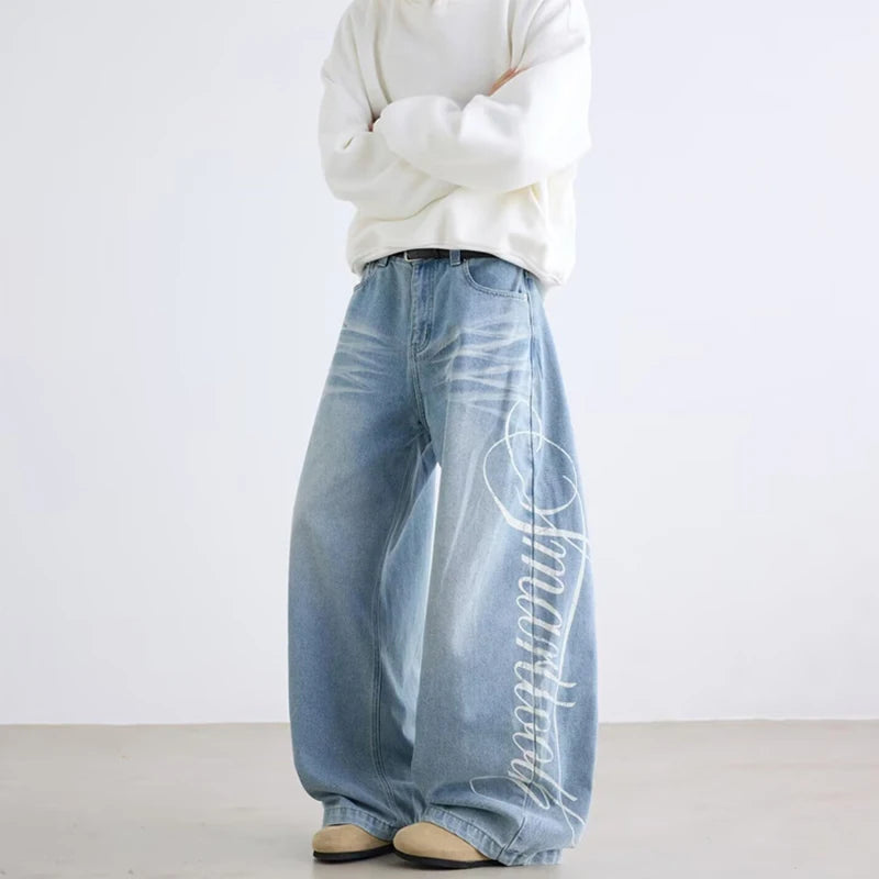 Letter Printed Straight-Leg Baggy Jeans Hip Hop American Retro Y2K Streetwear Jean
