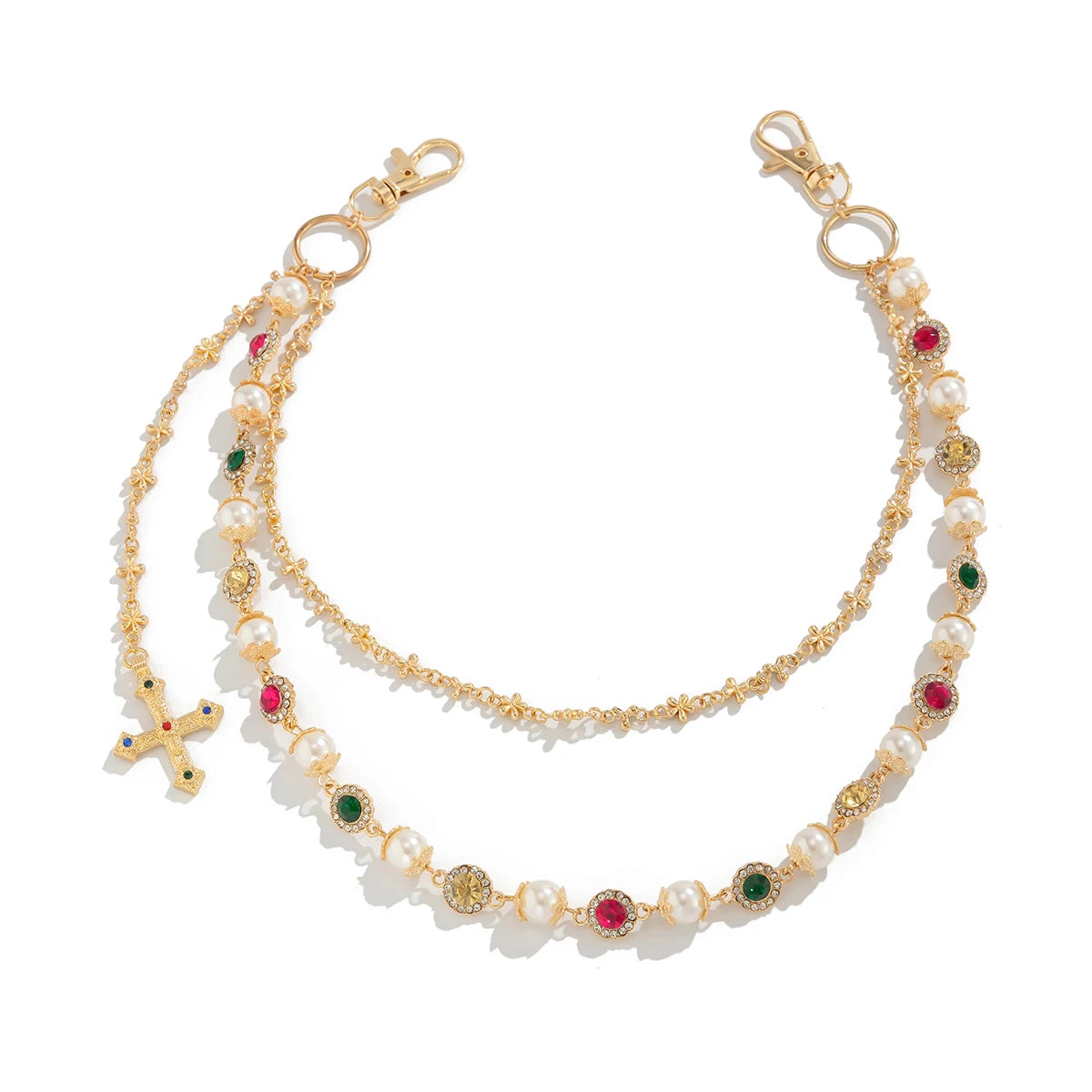 Salircon New Exquisite Luxury Cross Pendant Imitation Pearl Keychain Belt Chain