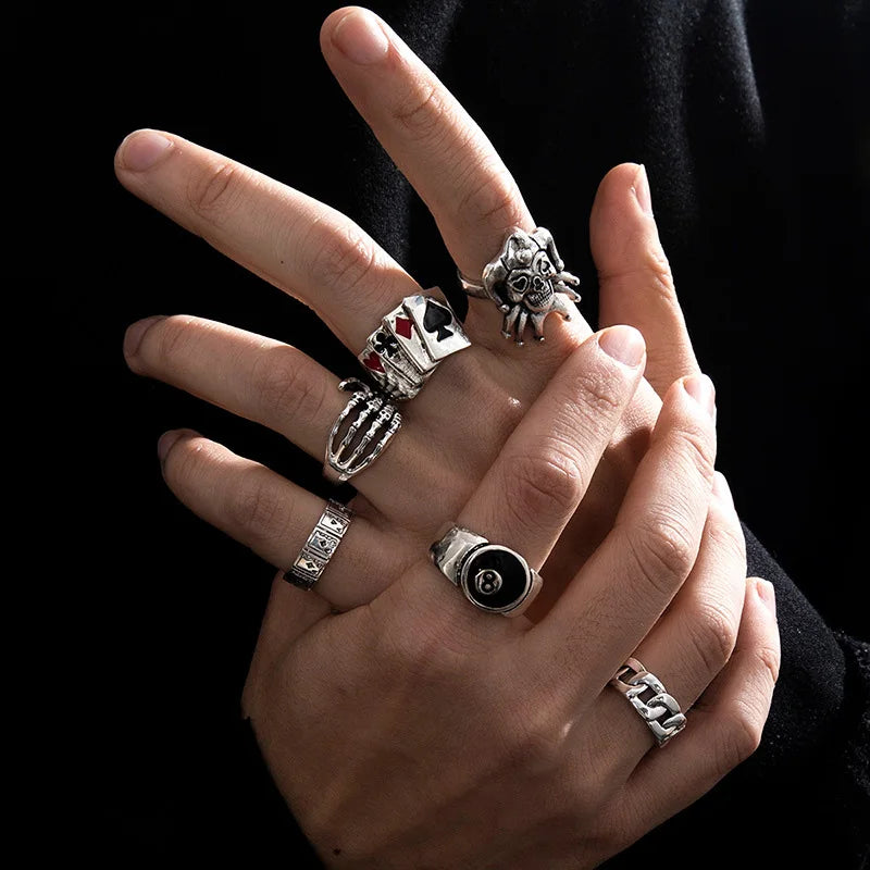 Punk Poker Joker Silver Color Rings for Men & Women Goth Skeleton Billiards Set